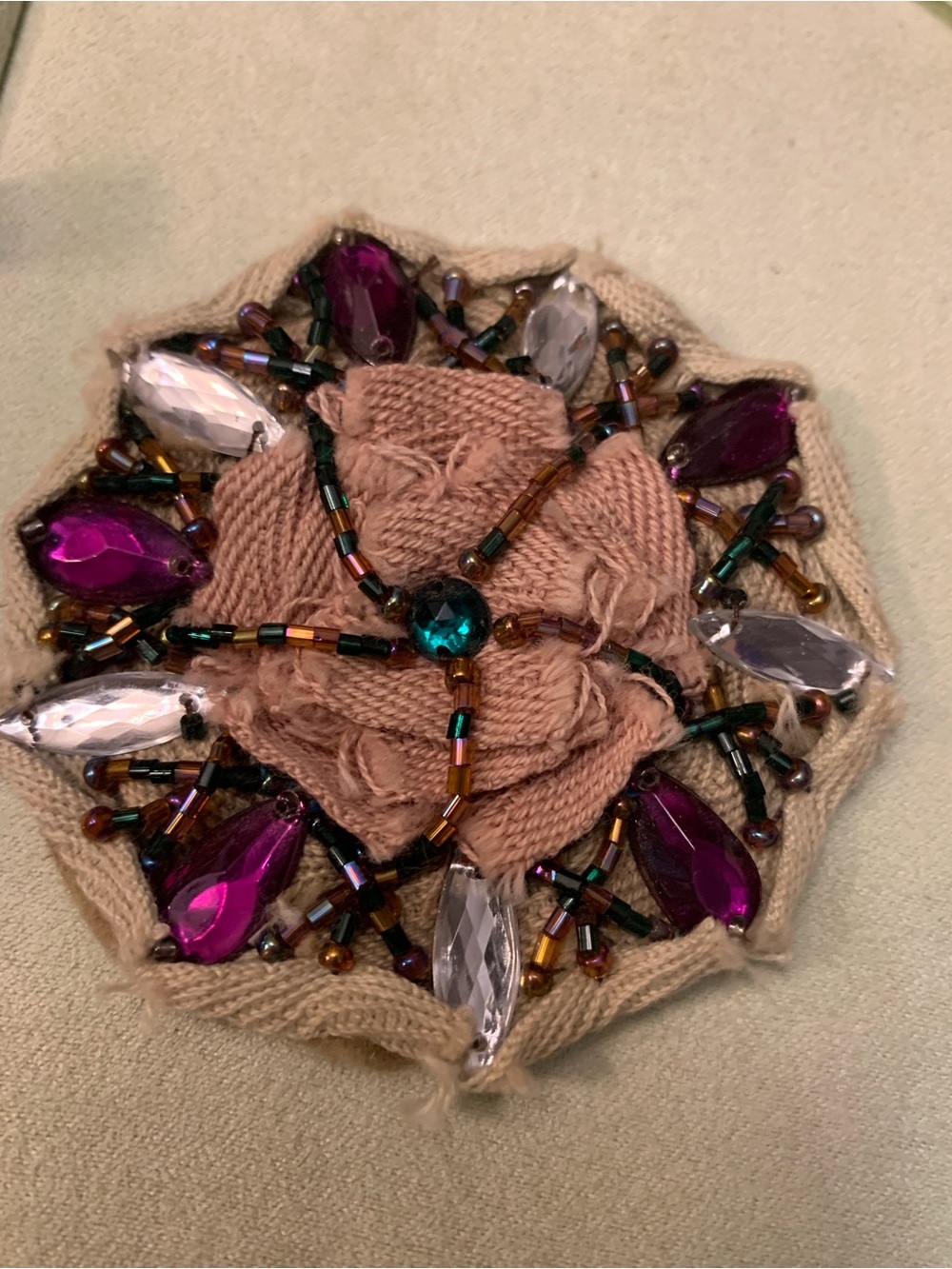Embellished Floral Brooch in Blush Pink with Purple and Clear Accents